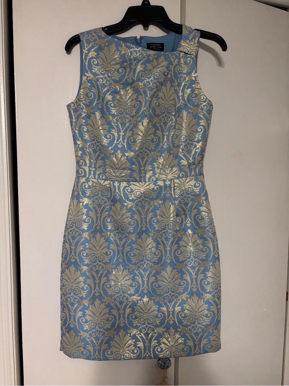 Tahari ASL Sky Blue and Gold Brocade Sheath Mini Dress